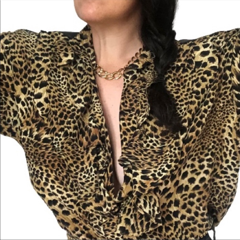 NWT 100% Silk + Leather Leopard Ruffled Vtg Top - Picture 2 of 14